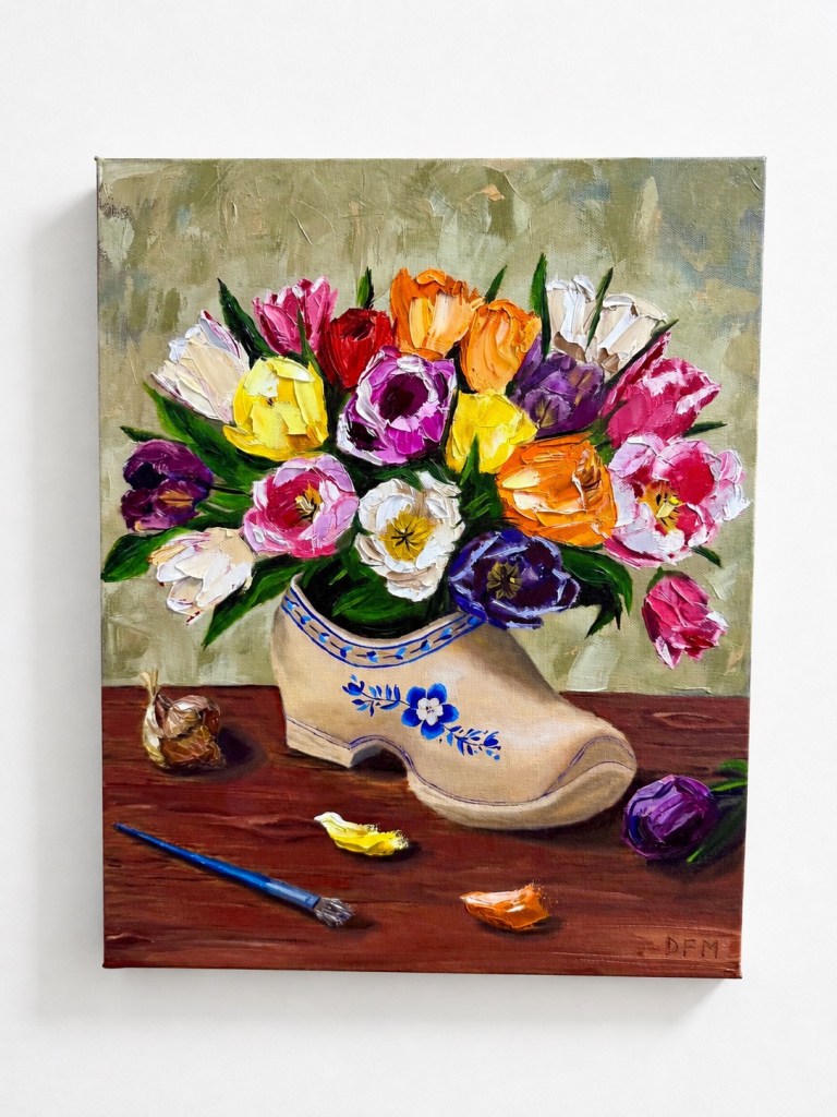 “United in Bloom”
Impasto oil on canvas, 16 x 20

My whimsical little nod to Holland and tulip time, the many different tulips represent the colors, cultures and personalities, and the people who come together in our community. Different varieties, all beautiful and united in Bloom.
