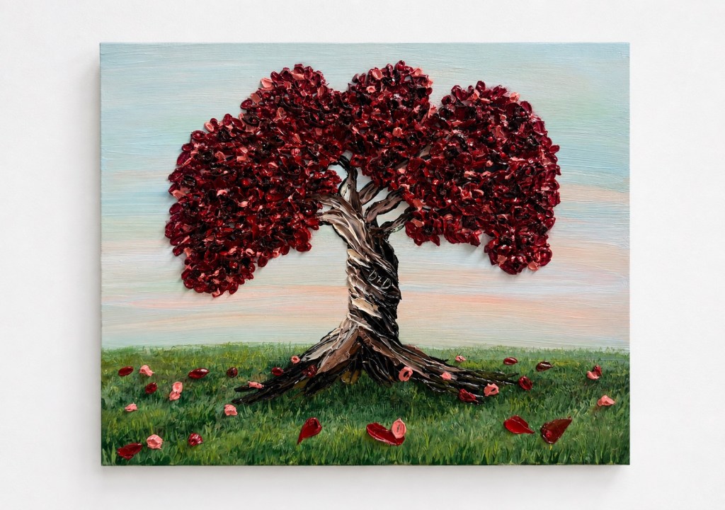 “Where I Will Always Find You” 
12 x 16 whimsical Impressionism 
Impasto on wood panel canvas

On the shores of our favorite beach, we carved our initials into a tree, our own little landmark in the world like leaving runes behind to say “ I was here and I was loved”

This painting is for my sweetie. A tree reborn in crimson and coral petals, its trunk twisted with time and loyalty, like something that could’ve grown in the gardens of Lothlorien.  The kind of tree you’d find in a place where time slows and love never fades

We’ve walked through our own mountains, fires, and second breakfast. But always, always we find our way back.

This is our spot, our Shire, this is where I’ll always find you. 