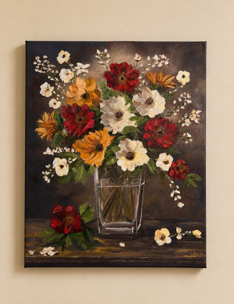 “Gathered in the Evening”: 16 x 20 oil on canvas

My Dutch inspired floral still life features warm blooms against a Moody background. Inspired by the Dutch Heritage of Holland, Michigan, and painted in oils with a blend of realism and impressionistic brushwork, this piece captures the quiet elegance of flowers gathered at days end.