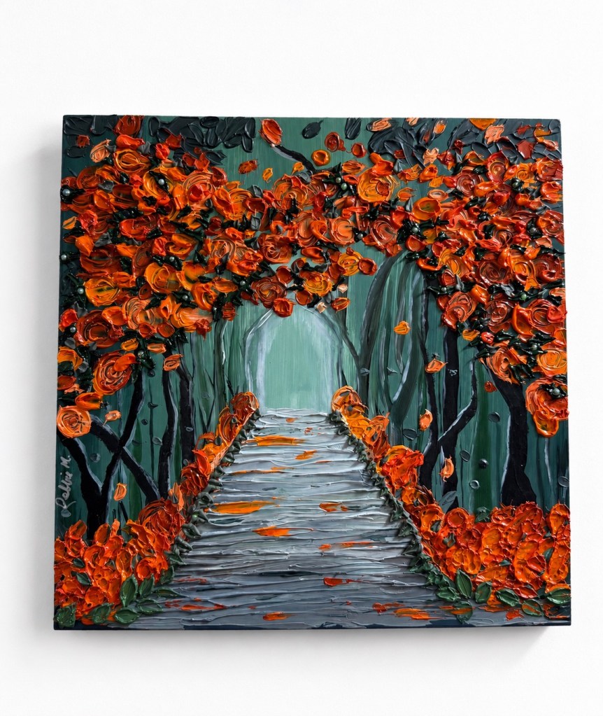 “Tulips Left, Magic Right”
12 x 12 acrylic on wood panel
Impressionist inspired impasto with pearl accents. 

Somewhere in whimsical Holland, this dreamy path winds through a forest that feels half real, half remembered. Sculpted in thick impasto strokes, it’s a 3D painting, full of movement, texture, and tiny secrets, from glossy petals to matte shadows, and you will even find pearls talk among the blooms . 

It’s the scenic route worth taking: tulips to the left, magic to the right.  
