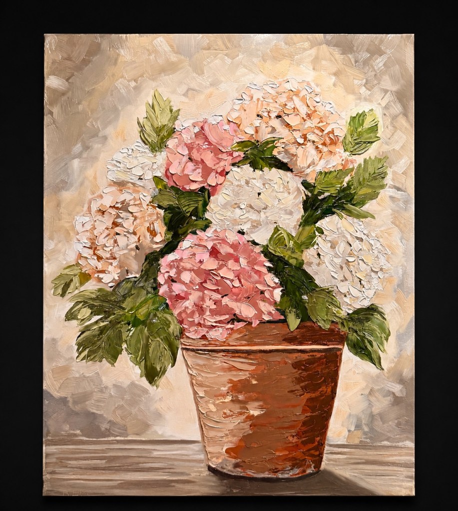 “Gentle Bloom” 18 x 24 oil on cradled wood panel

This painting reflects the thing I love most about oil painting, bold palette knife impasto! Layers of blush, ivory, and peach hydrangeas rise from a weathered, terracotta pot, with each stroke adding texture and depth