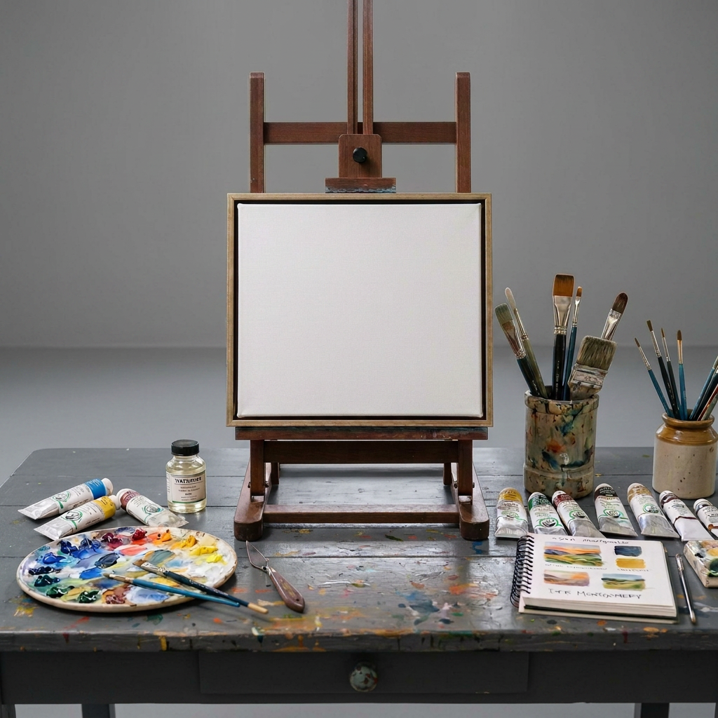 Landscape painting on an easel surrounded by paints, brushes, and art supplies