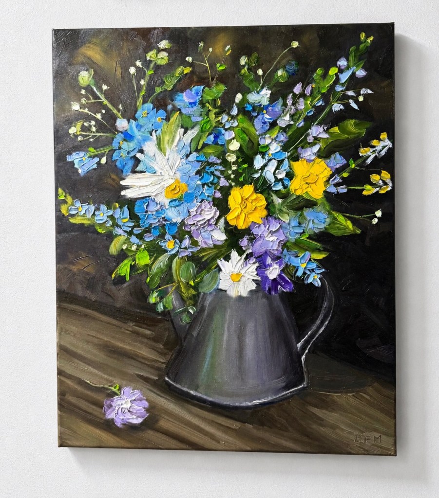“Gathered at Twilight”
16 x 20 oil on canvas, painterly floral impressionism with old master influence

This oil painting was inspired by the Moody elegance of Dutch floral still lives with a Painter really contemporary touch. I wanted this piece to feel like a quiet moment, suspended in time with blooms emerging from the darkness with a life of their own 

Created during my studies with the wonderful Cindy Awrey, whose guidance and encouragement continue to help me grow as an artist.

