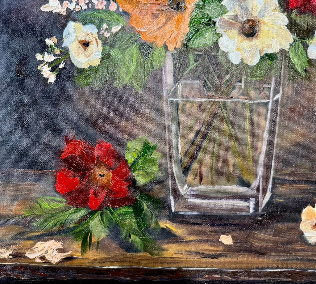 “Gathered in the Evening”: 16 x 20 oil on canvas

My Dutch inspired floral still life features warm blooms against a Moody background. Inspired by the Dutch Heritage of Holland, Michigan, and painted in oils with a blend of realism and impressionistic brushwork, this piece captures the quiet elegance of flowers gathered at days end.