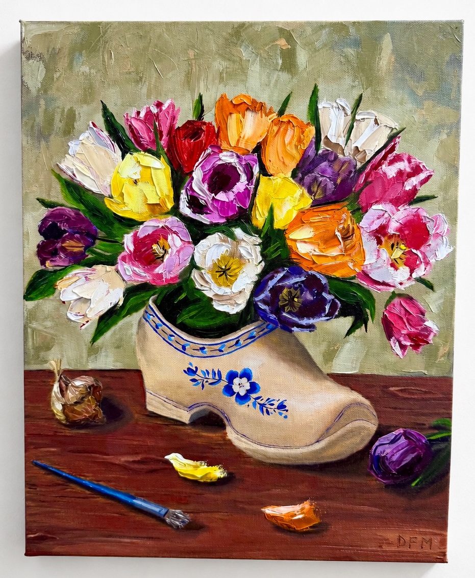 “United in Bloom”
Impasto oil on canvas, 16 x 20

My whimsical little nod to Holland and tulip time, the many different tulips represent the colors, cultures and personalities, and the people who come together in our community. Different varieties, all beautiful and united in Bloom.