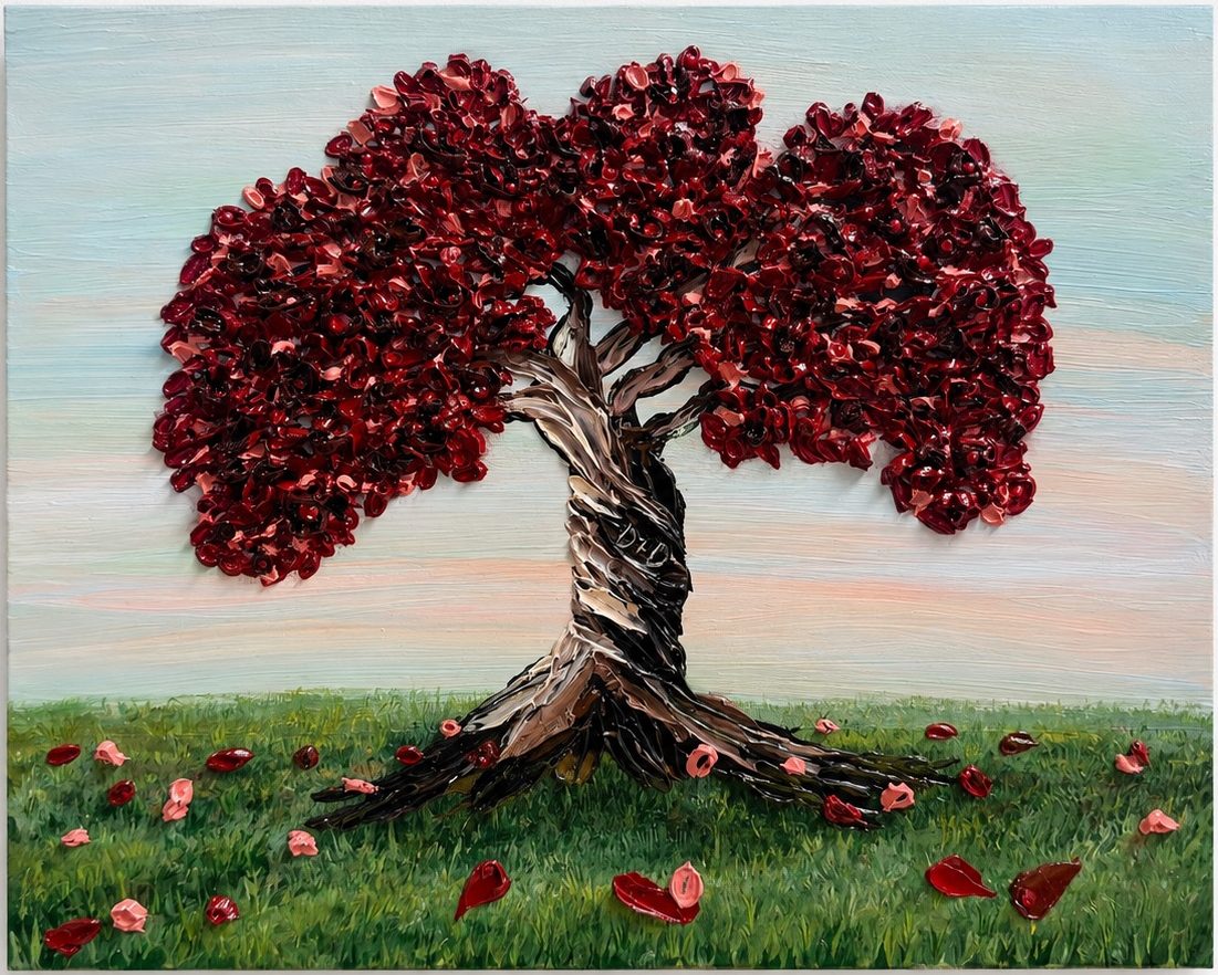 “Where I Will Always Find You” 
12 x 16 whimsical Impressionism 
Impasto on wood panel canvas

On the shores of our favorite beach, we carved our initials into a tree, our own little landmark in the world like leaving runes behind to say “ I was here and I was loved”

This painting is for my sweetie. A tree reborn in crimson and coral petals, its trunk twisted with time and loyalty, like something that could’ve grown in the gardens of Lothlorien.  The kind of tree you’d find in a place where time slows and love never fades

We’ve walked through our own mountains, fires, and second breakfast. But always, always we find our way back.

This is our spot, our Shire, this is where I’ll always find you. 