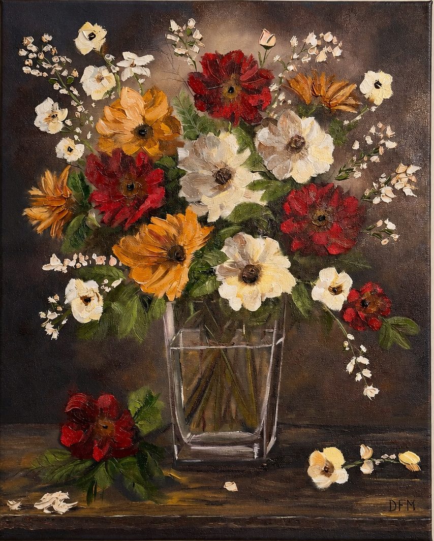 “Gathered in the Evening”: 16 x 20 oil on canvas

My Dutch inspired floral still life features warm blooms against a Moody background. Inspired by the Dutch Heritage of Holland, Michigan, and painted in oils with a blend of realism and impressionistic brushwork, this piece captures the quiet elegance of flowers gathered at days end.