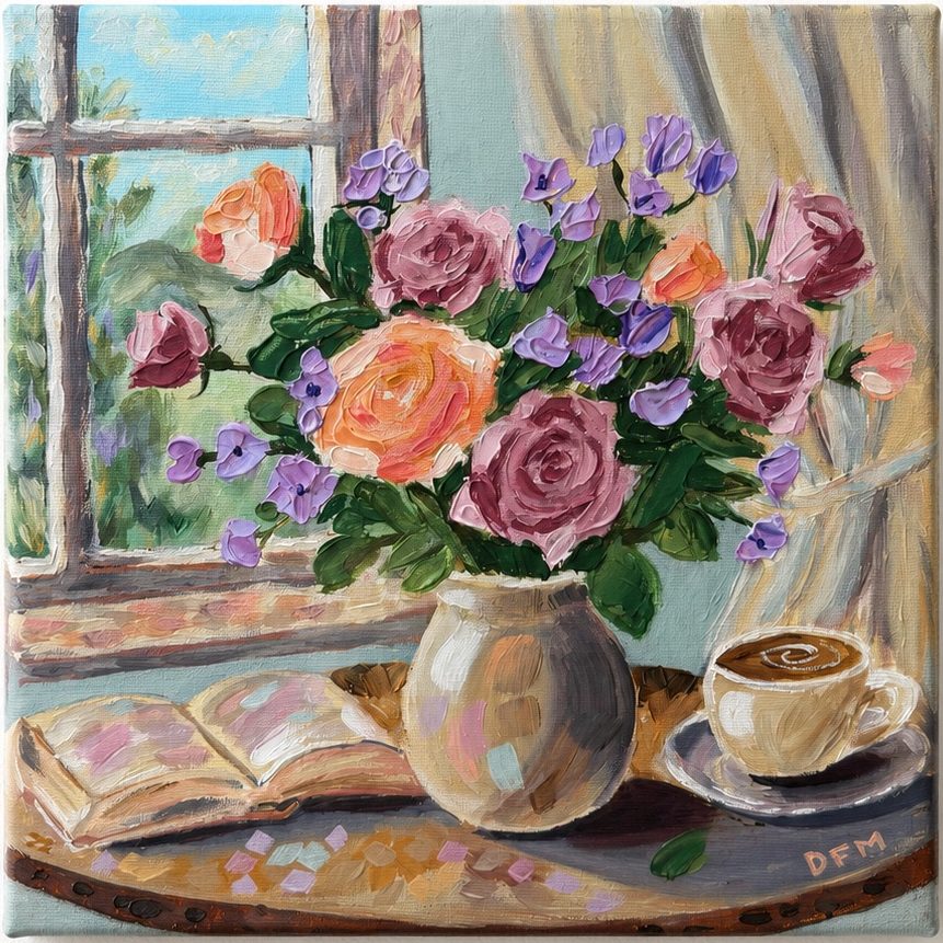 “A Quiet Morning” 
12x12 impasto on canvas 

Painted for my mom for her 75th birthday, a little reminder to pause and enjoy life‘s simple moments! 