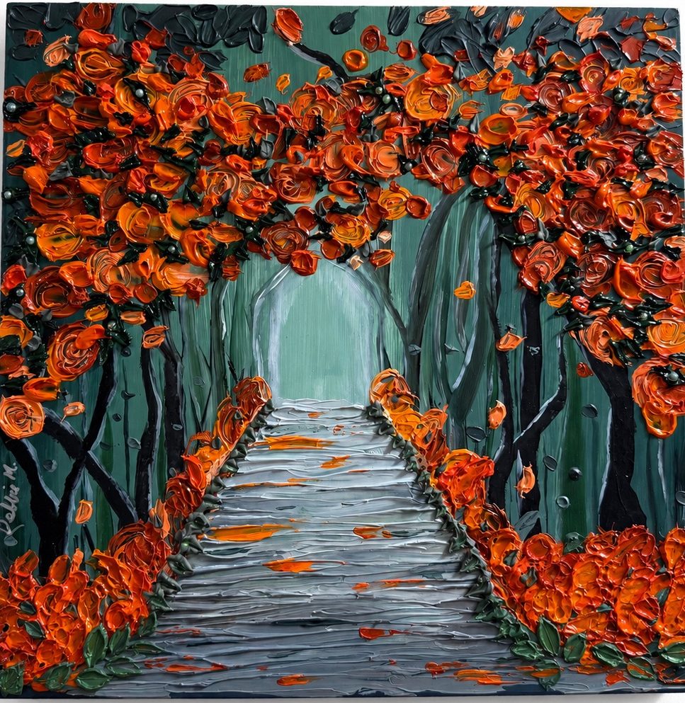 “Tulips Left, Magic Right”
12 x 12 acrylic on wood panel
Impressionist inspired impasto with pearl accents. 

Somewhere in whimsical Holland, this dreamy path winds through a forest that feels half real, half remembered. Sculpted in thick impasto strokes, it’s a 3D painting, full of movement, texture, and tiny secrets, from glossy petals to matte shadows, and you will even find pearls talk among the blooms . 

It’s the scenic route worth taking: tulips to the left, magic to the right.  