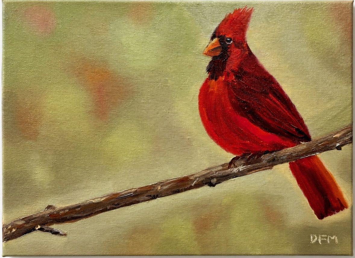 “atmospheric study: Cardinal” contemporary impressionism 9 x 12 oil on canvas

My piece explores atmosphere, allowing light and color to shape the scene just as much as the cardinal itself, the cardinal doesn’t try too hard to stand out, but still somehow steals the show. Sometimes it’s the softness that makes you stop and look a little longer.