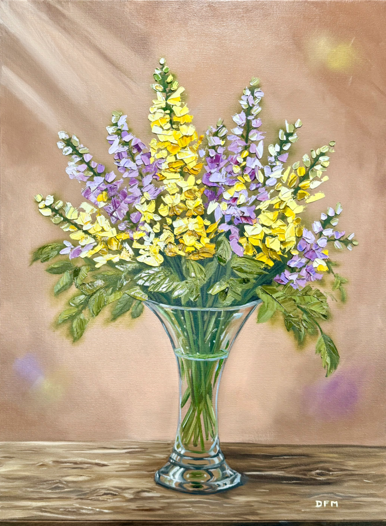 Snapdragons in a glass vase — impasto oil painting by Deb Montgomery