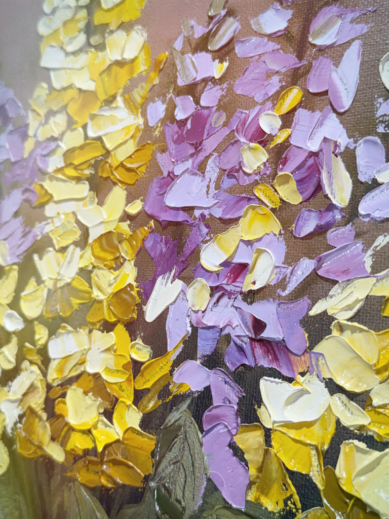 Close-up detail of yellow and lavender impasto floral painting by Deb Montgomery