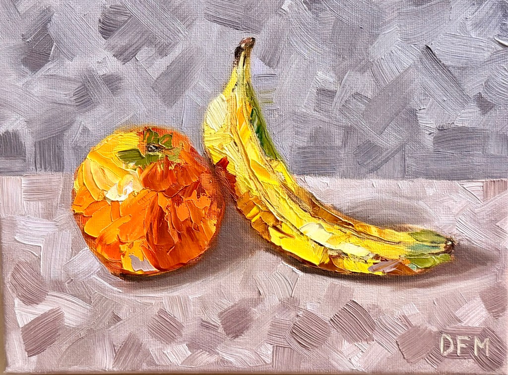 Still life with orange and banana — impasto oil painting by Deb Montgomery