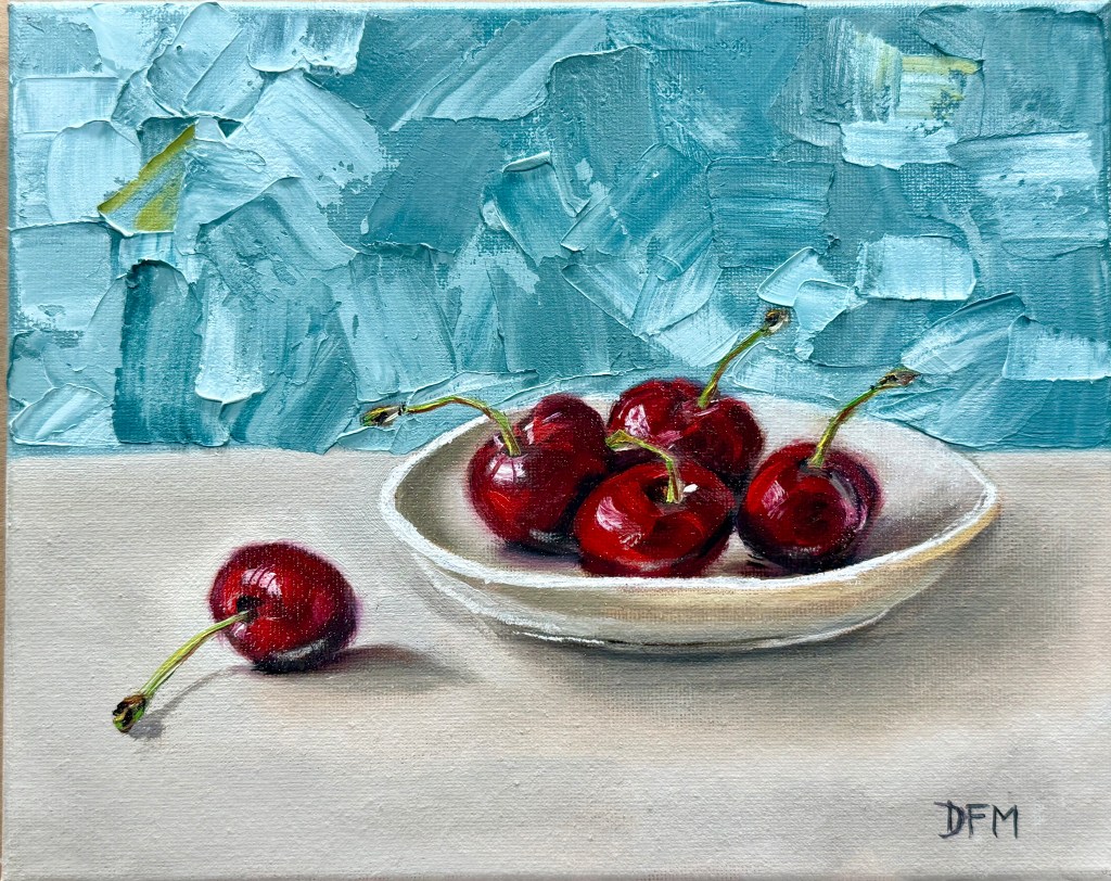 Cherries in a white bowl — oil painting by Deb Montgomery